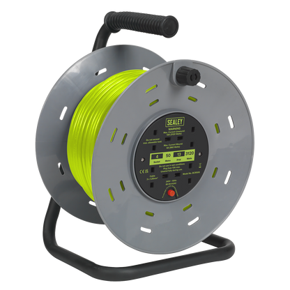 50m Cable Reel with Thermal Trip 4 x 230V - Hi-Vis Green