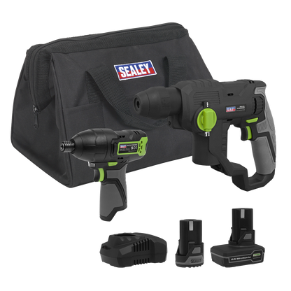 2 x SV10.8 Series Cordless Rotary Hammer Drill & Impact Driver Kit 10.8V - 2 Batteries & Euro Plug