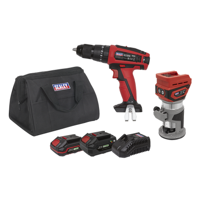2 x SV20 Series Cordless Router & Combi Drill Kit 20V - 2 Batteries