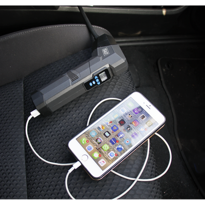 Compact Rechargeable Tyre Inflator & Power Bank with Worklight