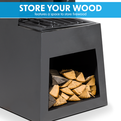Dellonda Outdoor Chiminea Fireplace Fire Pit Heater Firewood Storage Black Steel