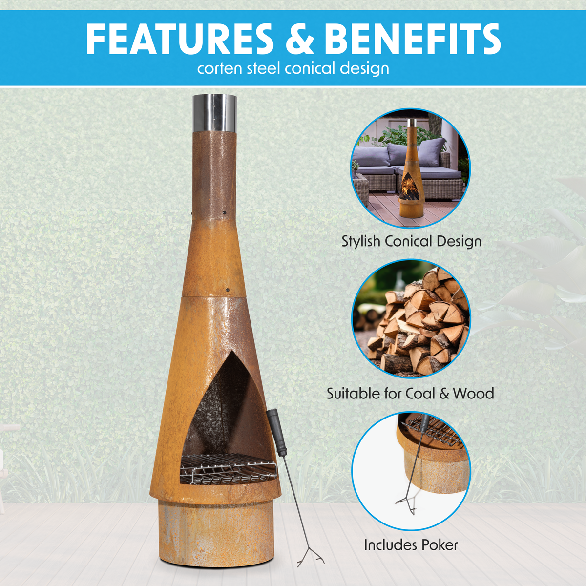 Dellonda Outdoor/Garden/Patio Conical Chiminea, Fireplace, Fire Pit, Heater, H127cm - Corten Steel