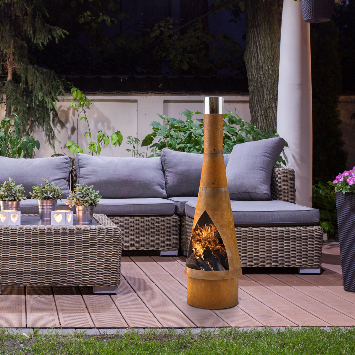 Dellonda Outdoor/Garden/Patio Conical Chiminea, Fireplace, Fire Pit, Heater, H127cm - Corten Steel