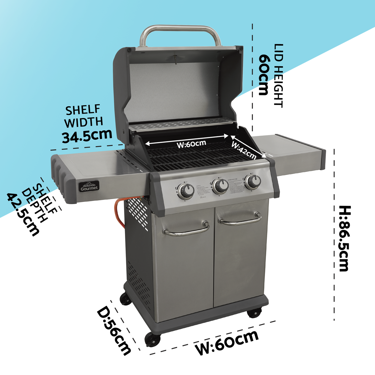 Dellonda 3 Burner Deluxe Gas BBQ Grill with Piezo Ignition & Thermometer - Stainless Steel