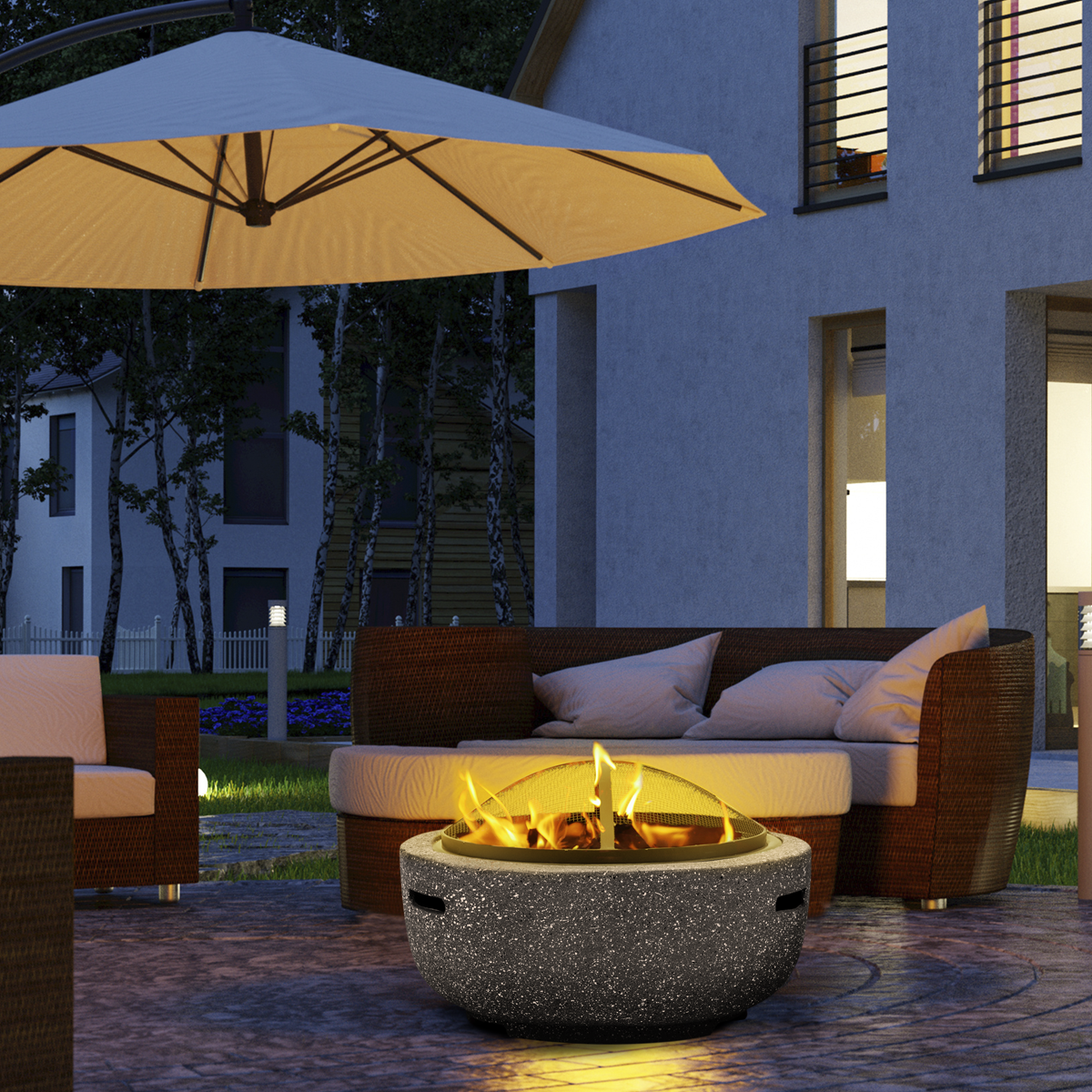 Dellonda Round MgO Fire Pit with BBQ Grill, Ø60cm, Safety Mesh Screen - Dark Grey