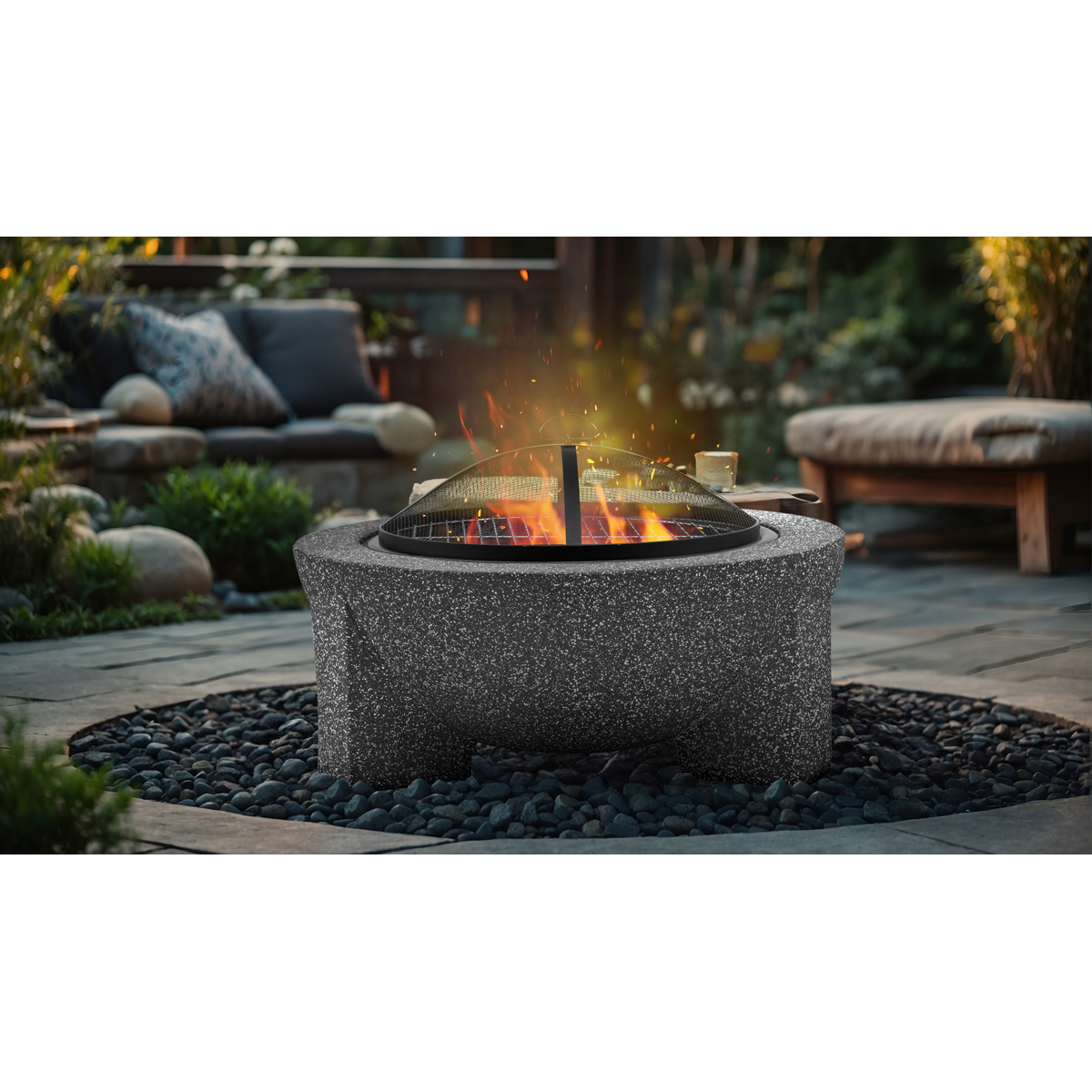 Dellonda Round MgO Fire Pit with BBQ Grill, Ø75cm, Safety Mesh Screen - Dark Grey