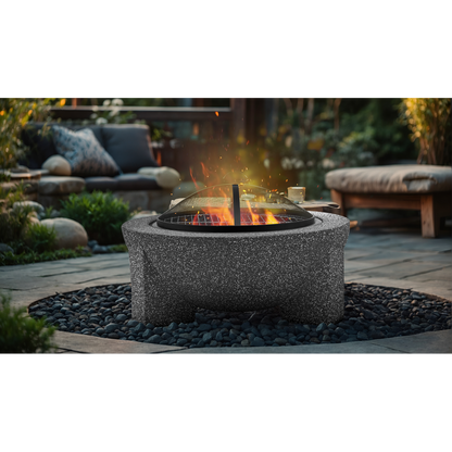 Dellonda Round MgO Fire Pit with BBQ Grill, Ø75cm, Safety Mesh Screen - Dark Grey