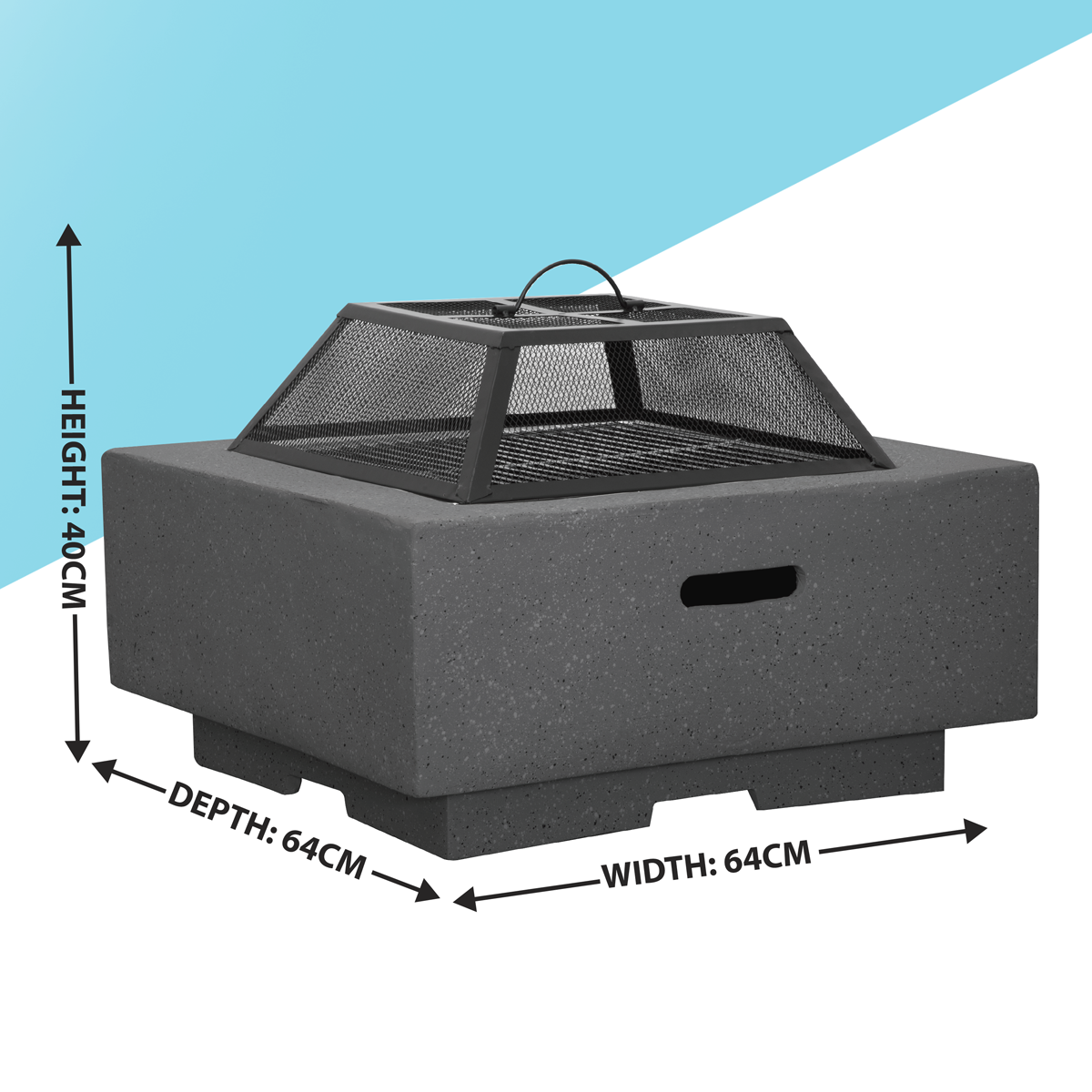 Dellonda Square MgO Fire Pit with BBQ Grill, Safety Mesh Screen - Dark Grey