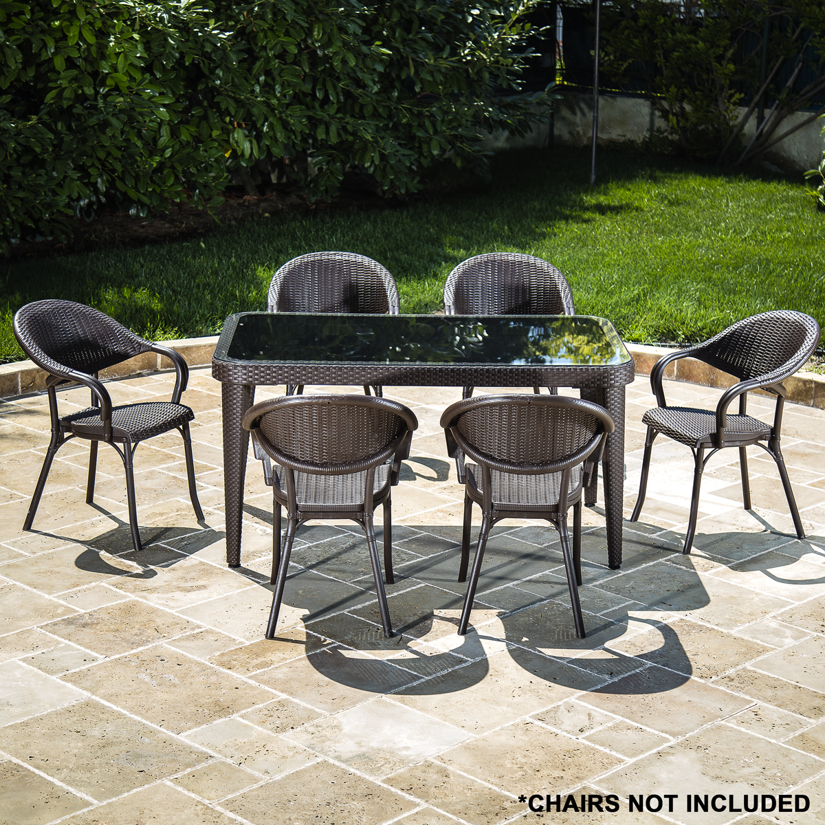 Dellonda Weather-Resistant Polypropylene/Fibreglass Dining Table with Tempered Glass Top - Dark Brown
