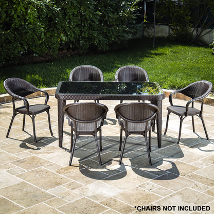 Dellonda Weather-Resistant Polypropylene/Fibreglass Dining Table with Tempered Glass Top - Dark Brown