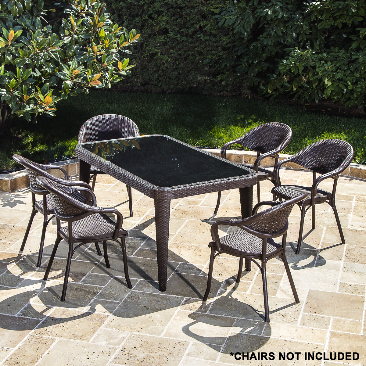 Dellonda Weather-Resistant Polypropylene/Fibreglass Dining Table with Tempered Glass Top - Dark Brown