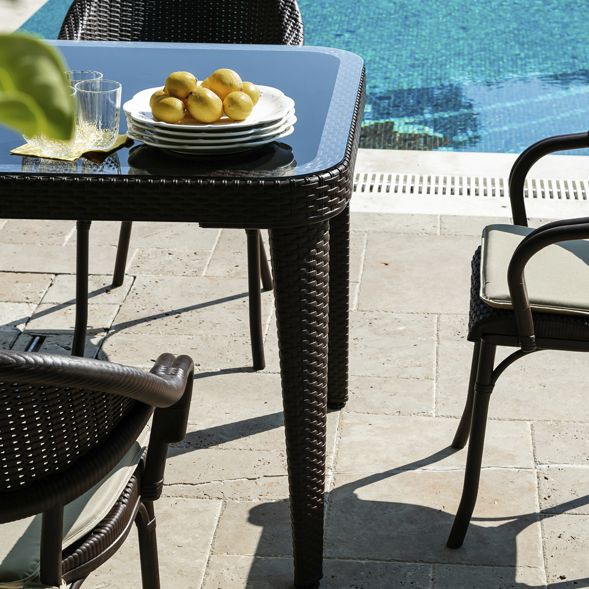 Dellonda Weather-Resistant Polypropylene/Fibreglass Dining Table with Tempered Glass Top - Dark Brown