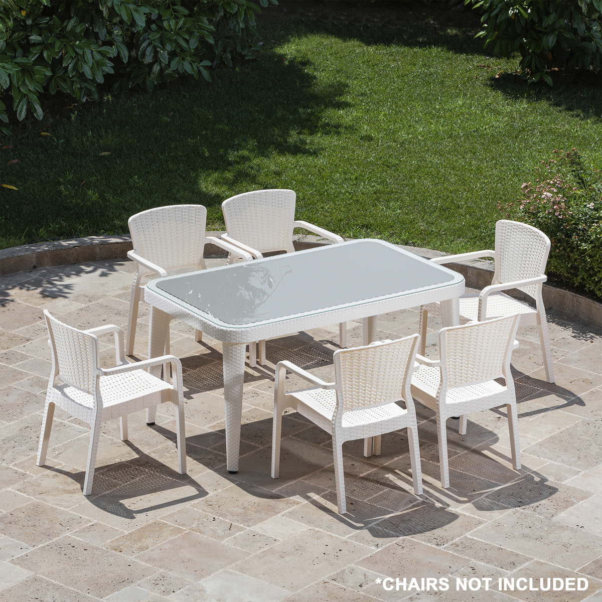 Dellonda Weather-Resistant Polypropylene/Fibreglass Dining Table with Tempered Glass Top - Ivory White