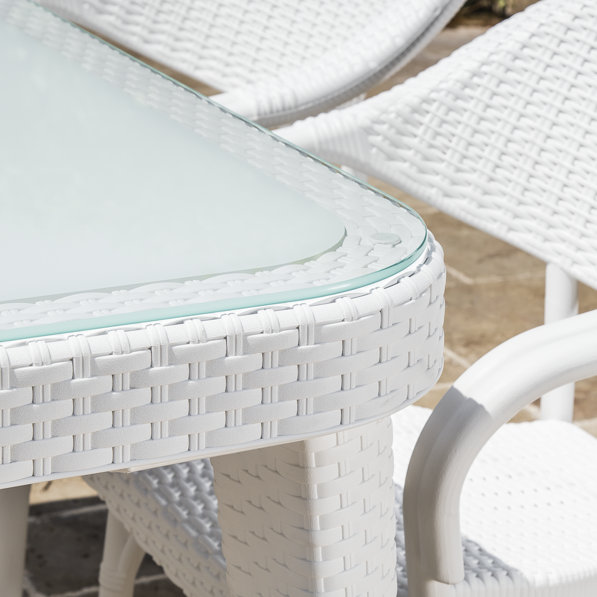 Dellonda Weather-Resistant Polypropylene/Fibreglass Dining Table with Tempered Glass Top - Ivory White