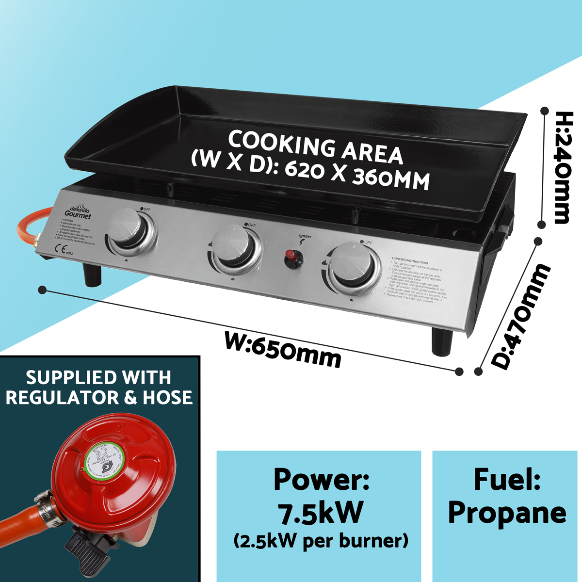 Dellonda 3 Burner Portable Gas Plancha