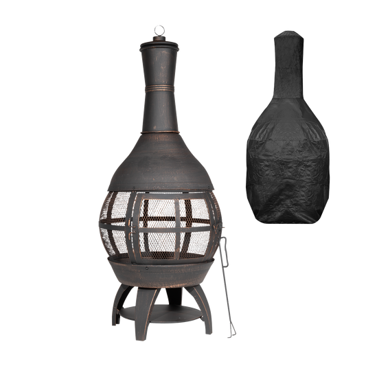 Dellonda Deluxe 360° Chiminea/Fire Pit/Outdoor Heater with Fire Poker & Water Resistant Drawstring Cover - Antique Bronze Finish - DG241