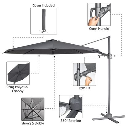 Dellonda Cantilever Parasol with 360° Rotation, Tilt & Cover 3m - Grey