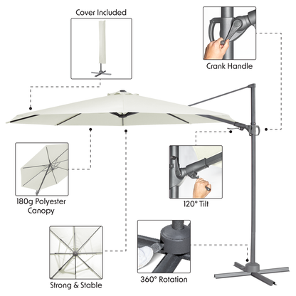 Dellonda Cantilever Parasol with 360° Rotation, Tilt & Cover 3m - Cream