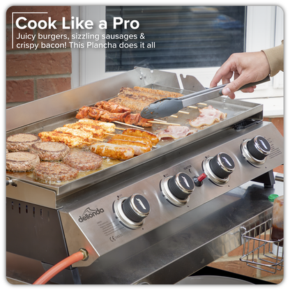 Dellonda 4 Burner Stainless Steel Portable Gas Plancha with Warming Rack 10kW