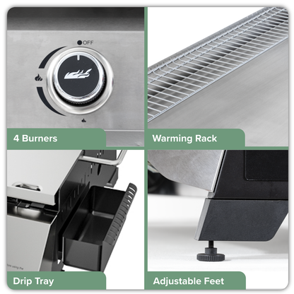 Dellonda 4 Burner Stainless Steel Portable Gas Plancha with Warming Rack 10kW
