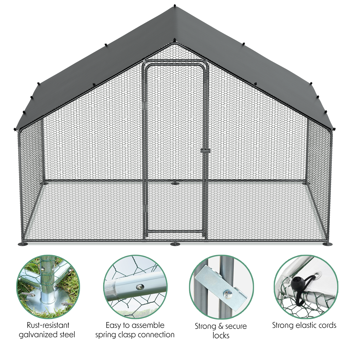 Dellonda Walk-In Galvanized Steel Chicken Run with Roof Cover & PVC Coated Chicken Wire