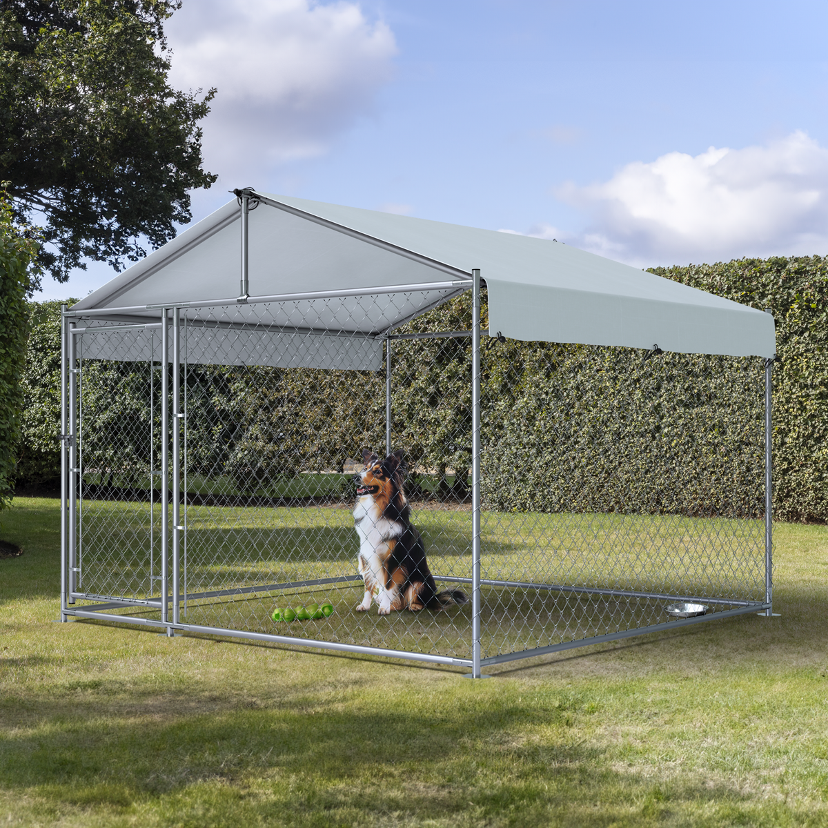Dellonda Galvanised Steel Dog Kennel with Roof Cover & Chain Link Fencing 2 x 2 x 1.5m