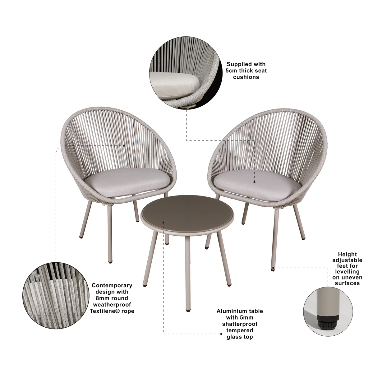 Dellonda Como Steel Bistro Set with Tempered Glass Tabletop 3pc
