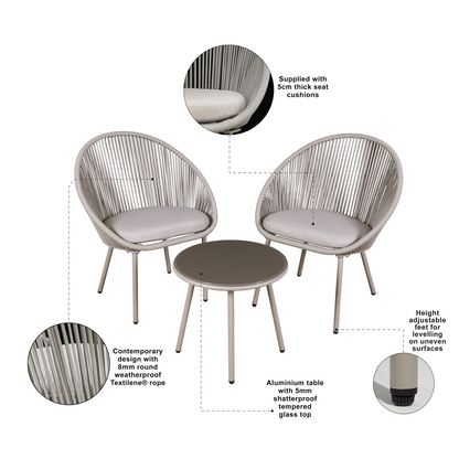Dellonda Como Steel Bistro Set with Tempered Glass Tabletop 3pc