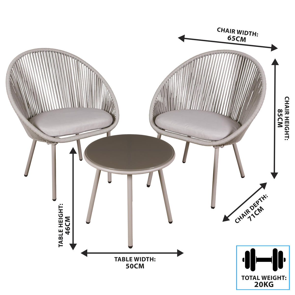 Dellonda Como Steel Bistro Set with Tempered Glass Tabletop 3pc