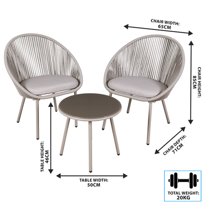 Dellonda Como Steel Bistro Set with Tempered Glass Tabletop 3pc