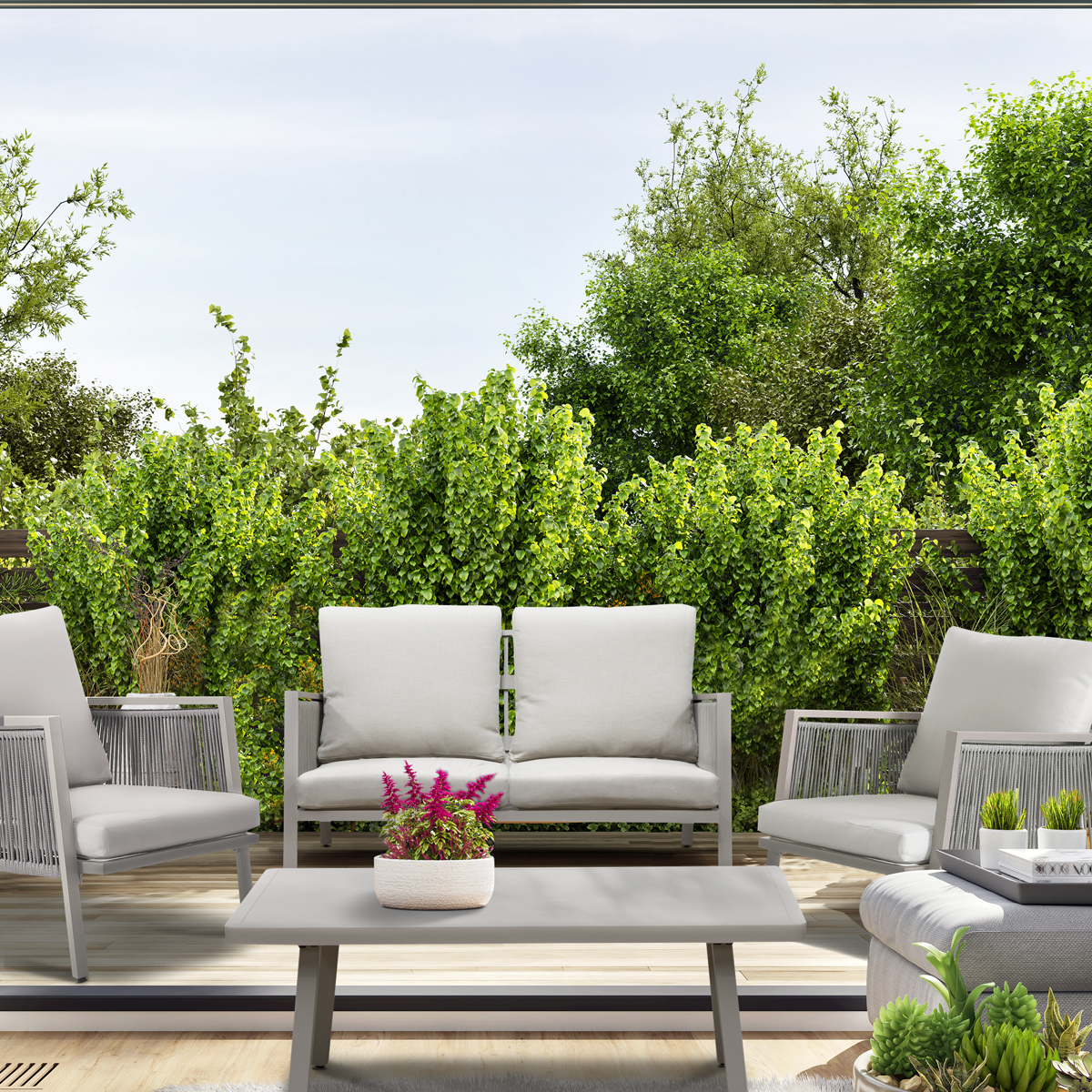Dellonda Fusion Aluminium Outdoor Sofa, Arm Chairs & Coffee Table Set 4pc