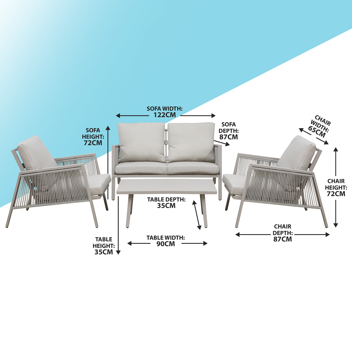 Dellonda Fusion Aluminium Outdoor Sofa, Arm Chairs & Coffee Table Set 4pc