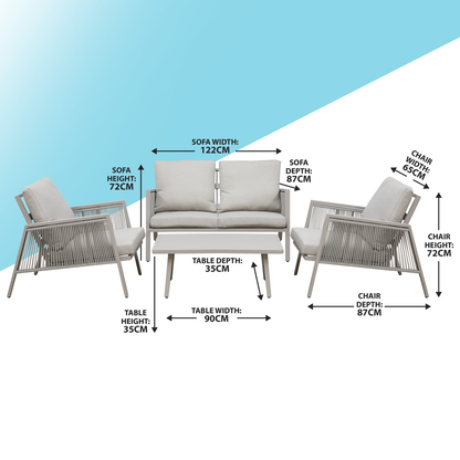 Dellonda Fusion Aluminium Outdoor Sofa, Arm Chairs & Coffee Table Set 4pc