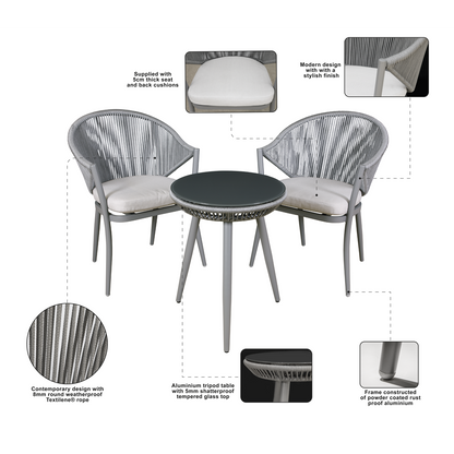 Dellonda Echo Aluminium Balcony Set with Tempered Glass Tabletop 3pc