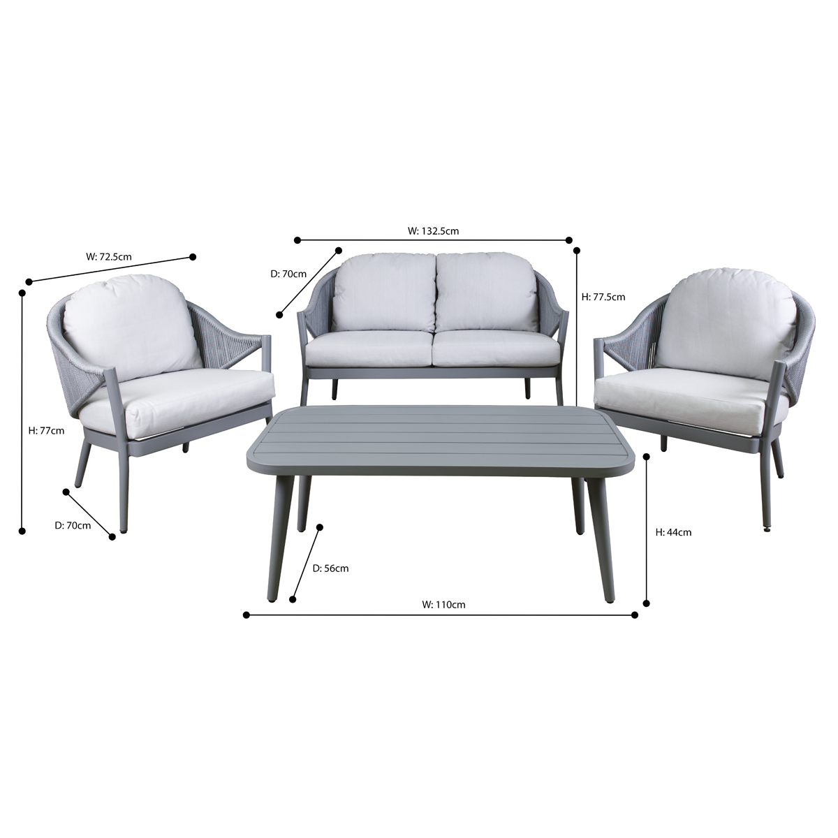 Dellonda Echo Aluminium Outdoor Sofa, Chair & Coffee Table Set 4pc