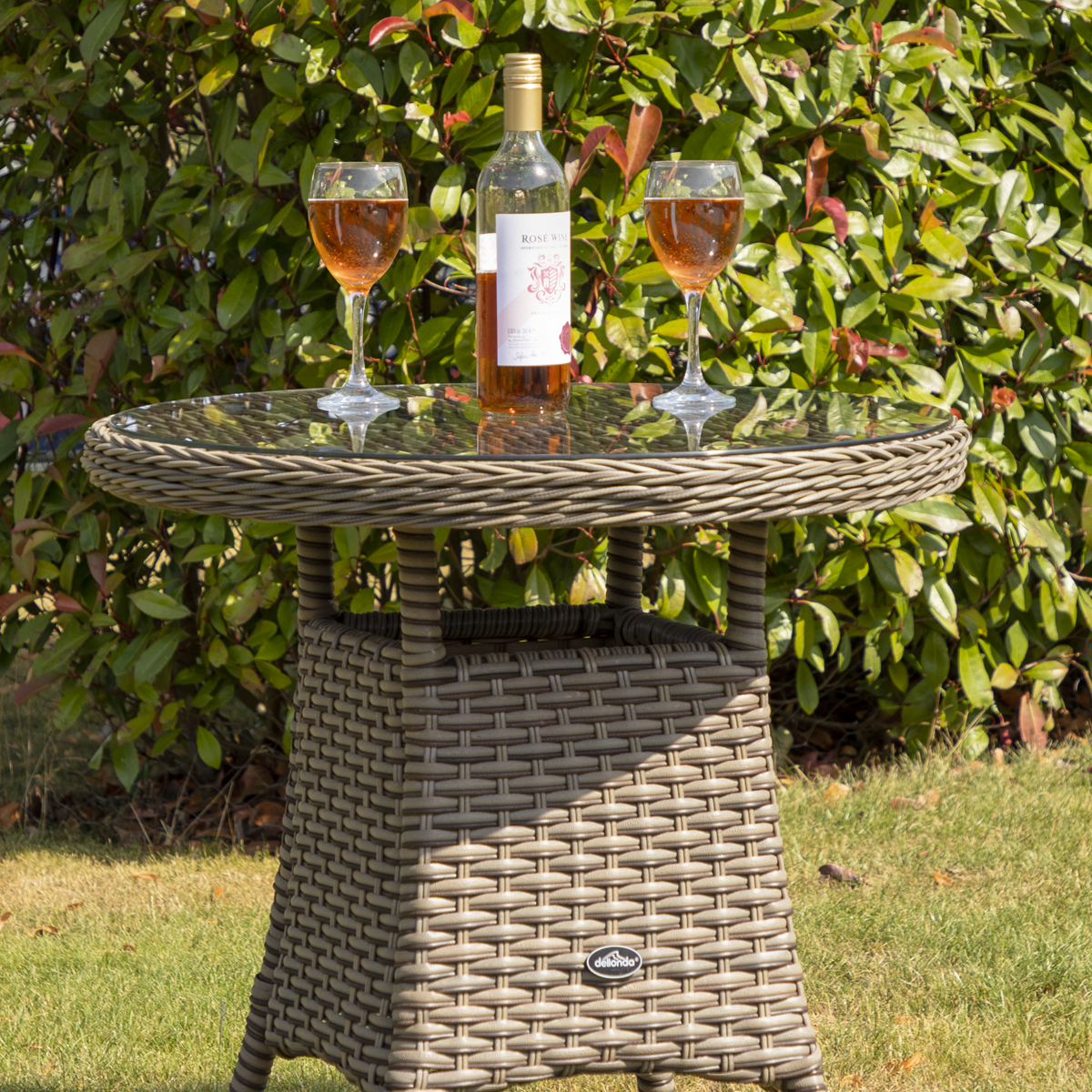 Dellonda Chester Rattan Wicker Round Outdoor Table with Tempered Glass Top