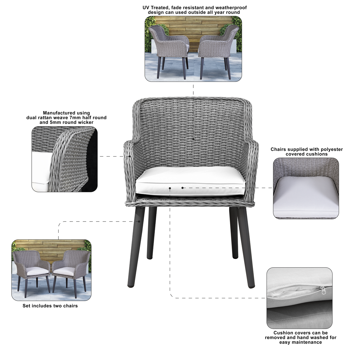 Dellonda Buxton Rattan Wicker Outdoor Chairs Set 2pc