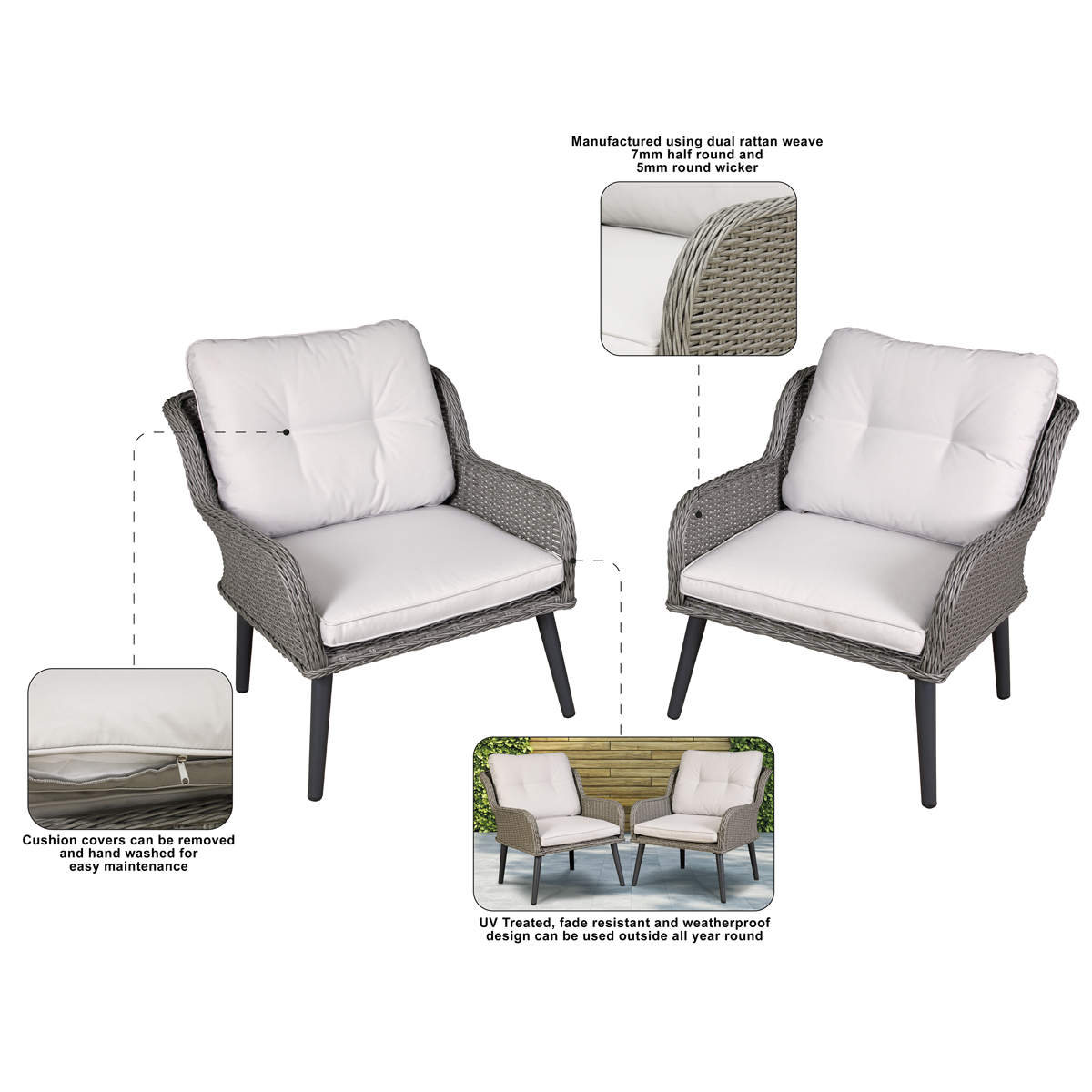 Dellonda Buxton Rattan Wicker Outdoor Chair Set 2pc