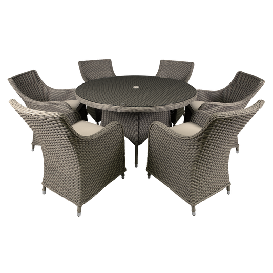 Dellonda Chester Rattan Wicker Outdoor Dining Set with Tempered Glass Tabletop 7pc