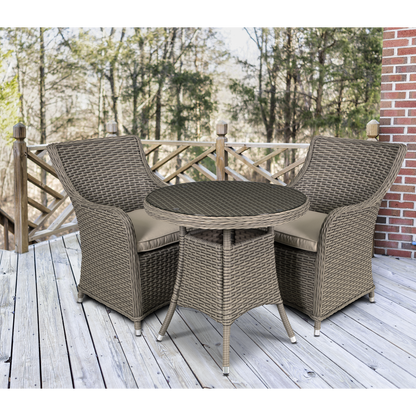 Dellonda Chester Rattan Wicker Outdoor Dining Set with Tempered Glass Tabletop 3pc