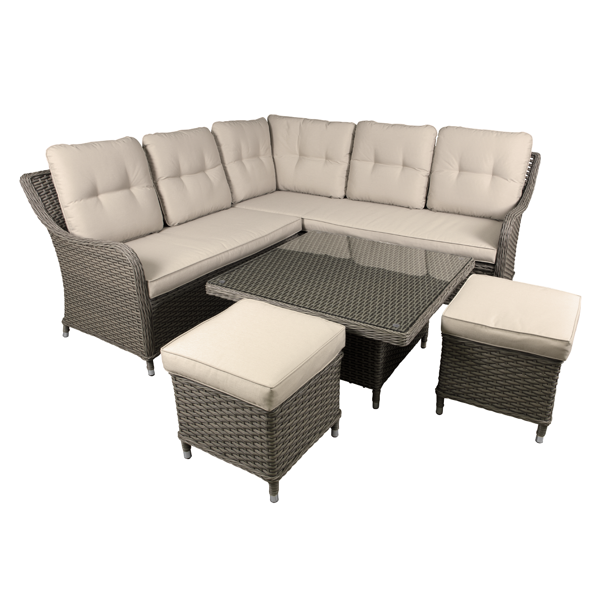 Dellonda Chester Rattan Wicker Outdoor 5-Seater Corner Sofa, Adjustable Table & Footstools Set 5pc