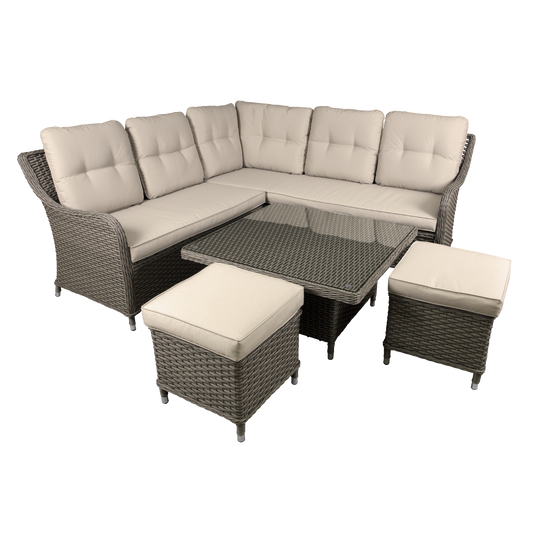 Dellonda Chester Rattan Wicker Outdoor 5-Seater Corner Sofa, Adjustable Table & Footstools Set 5pc