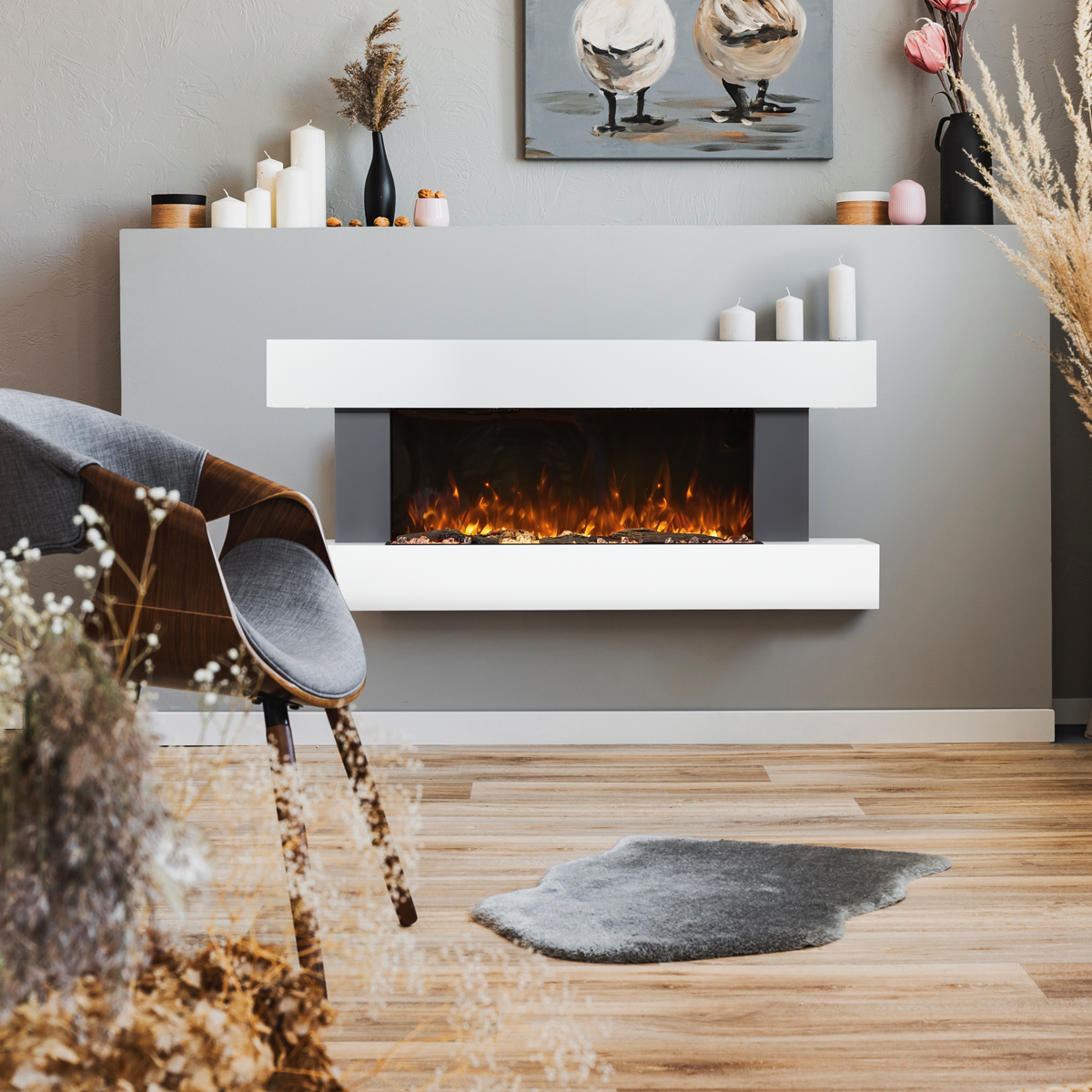 Baridi Wall Mounting Electric Fireplace with LED Flame Effect 52" - Grey