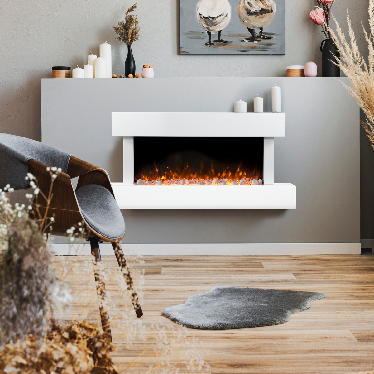Baridi Wall Mounting Electric Fireplace with LED Flame Effect 46" - White