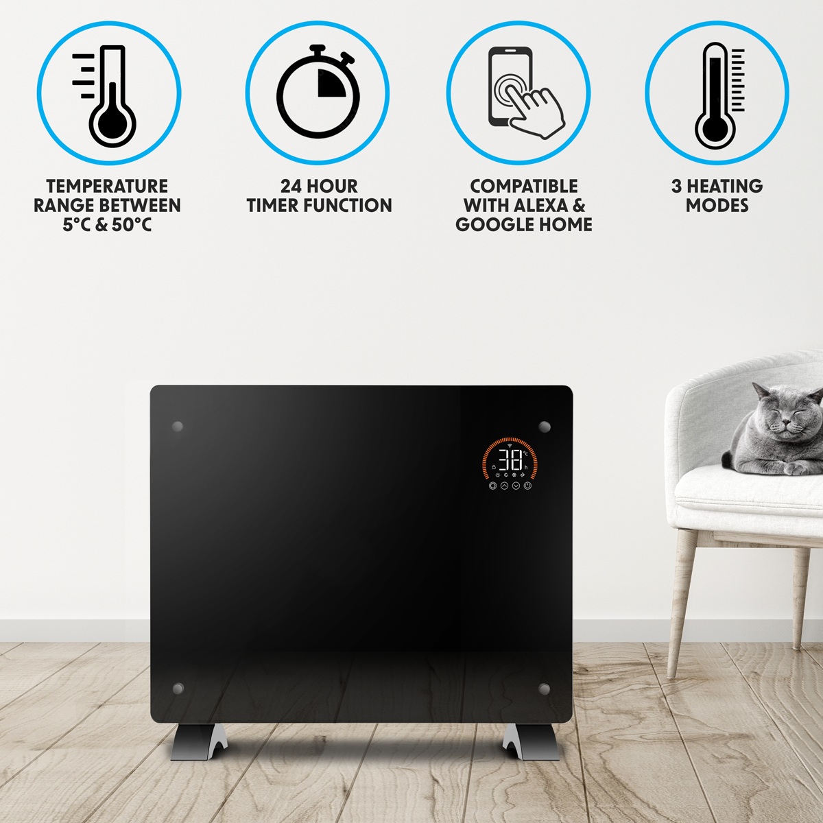 Baridi Electric Glass Panel Heater, 1500W, Thermostat Controlled 24Hr 7 Day Timer, Wi-Fi Enabled, Remote Control, Black - DH137