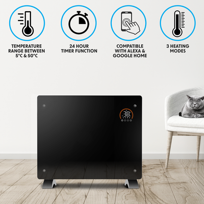 Baridi Electric Glass Panel Heater, 1500W, Thermostat Controlled 24Hr 7 Day Timer, Wi-Fi Enabled, Remote Control, Black - DH137
