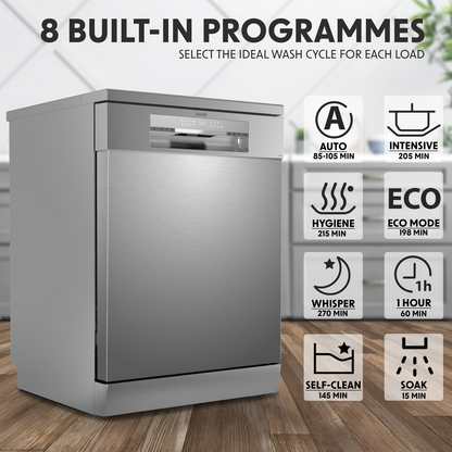 Baridi Regular Sized Freestanding Dishwasher 60cm Wide 14 Place Settings - Silver