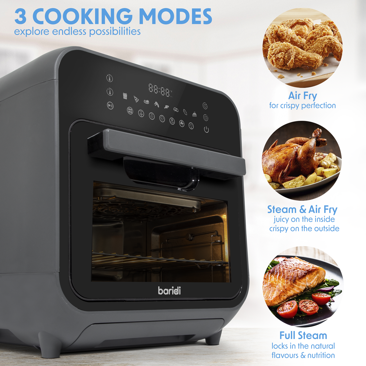 Baridi Steam Air Fryer Oven 15L Capacity