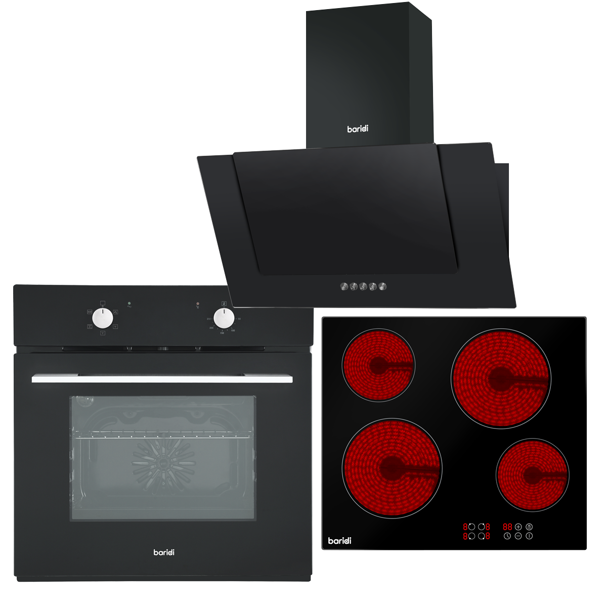 Baridi Integrated Ceramic Hob with 4 Cooking Zones, Integrated Fan-Assisted Electric Oven & Angled Chimney Cooker Hood with Carbon Filters & LED Lamp