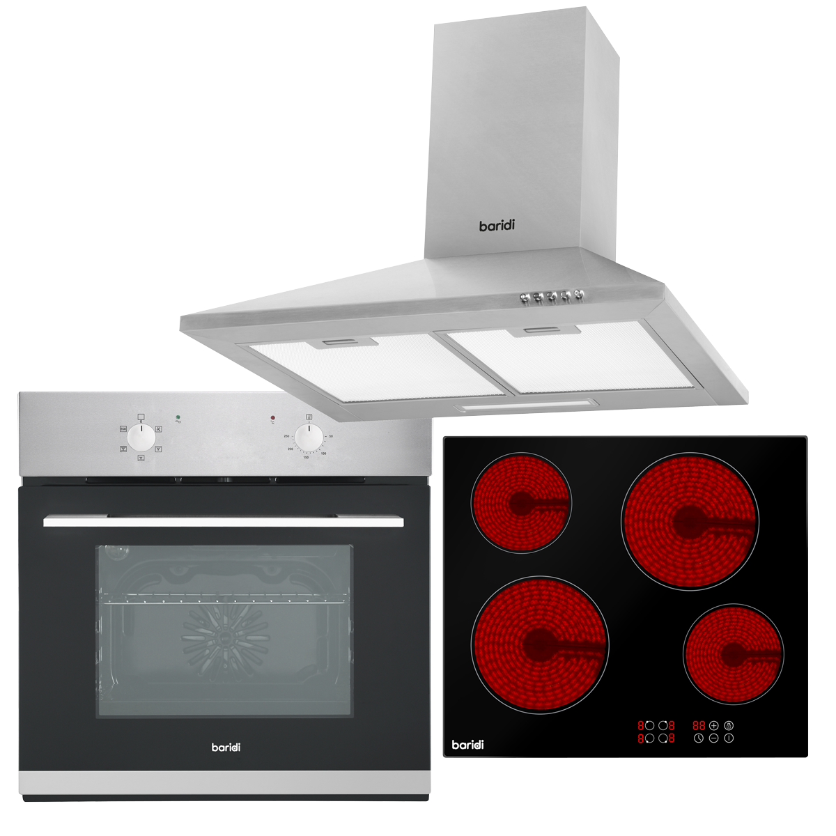Baridi Integrated Ceramic Hob with 4 Cooking Zones, Integrated Fan-Assisted Electric Oven & Cooker Hood with Carbon Filters